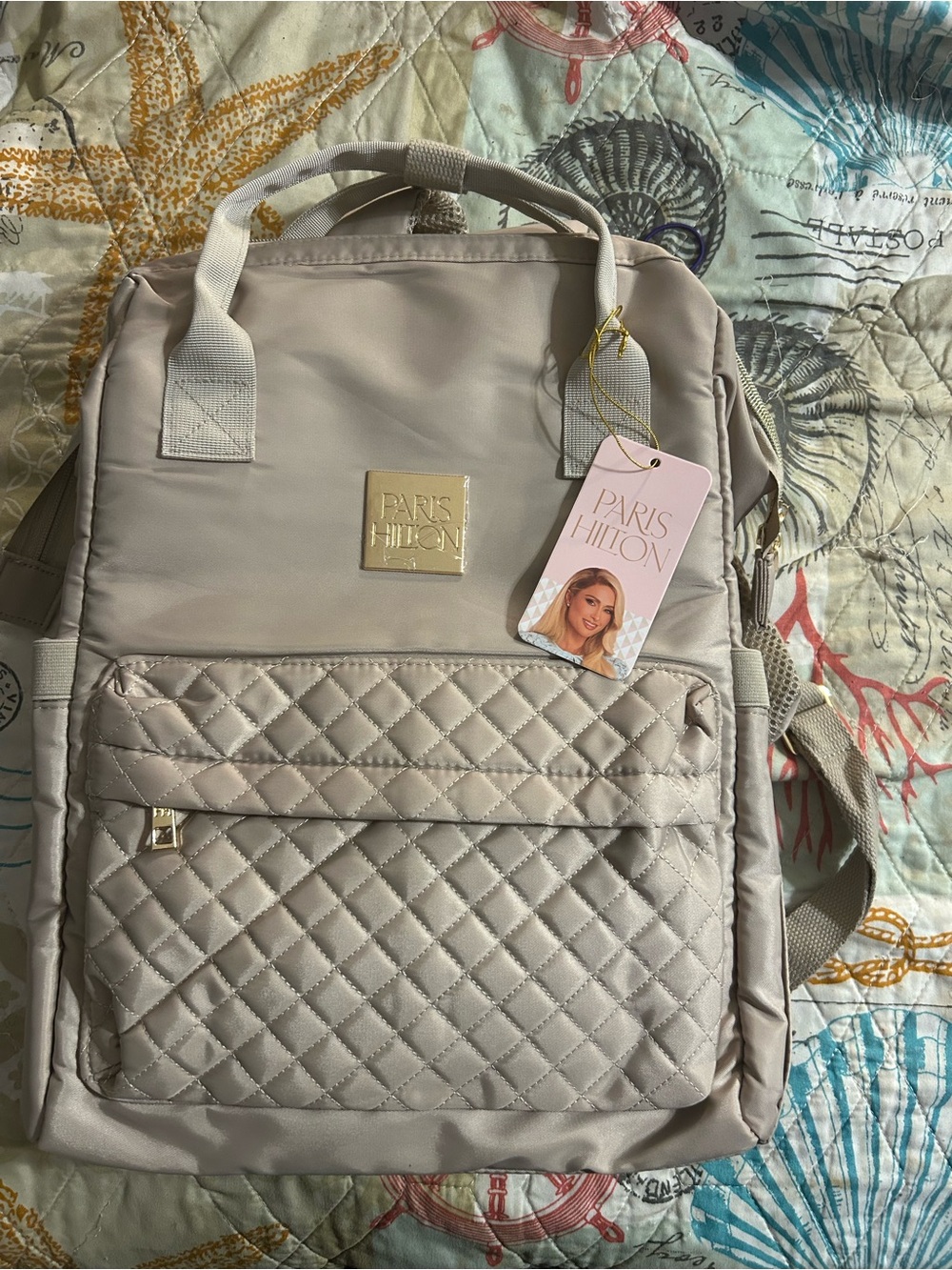 Paris Hilton Quilted Cream-Beige Laptop Backpack NWT